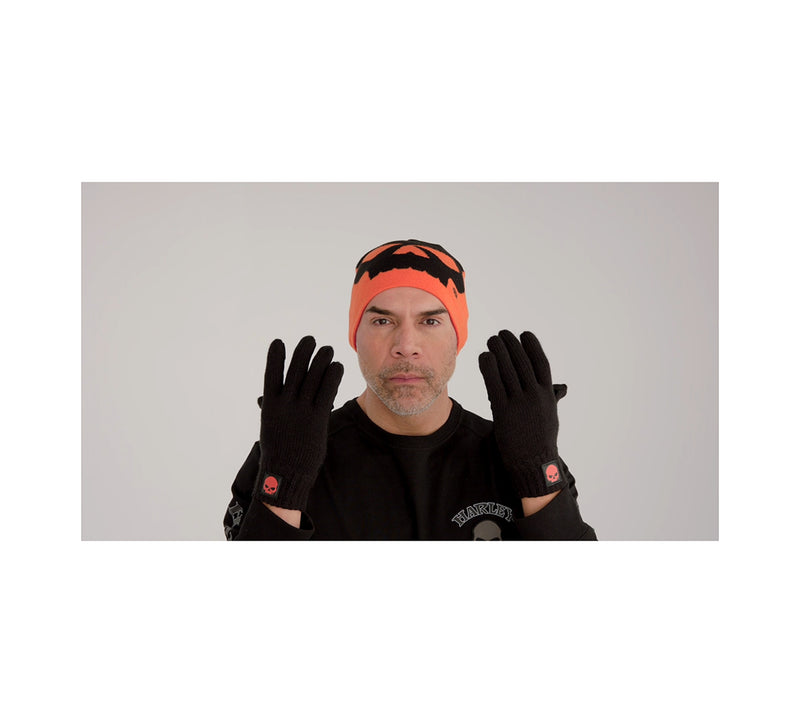 Willie G Skull Beanie and Glove Gift Set - Harley Orange